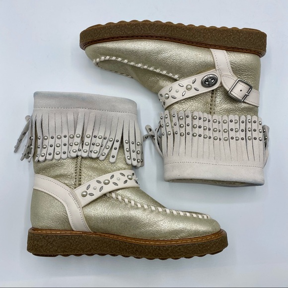 Coach NWOT Roccasin Suede Sherling Fringe Boots - Picture 2 of 7